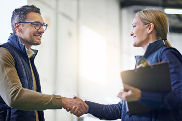 Poster - Business people, handshake and welcome for b2b collaboration, partnership and agreement. Professional, clipboard and shaking hands for introduction, b2b onboarding or teamwork in shipping warehouse
