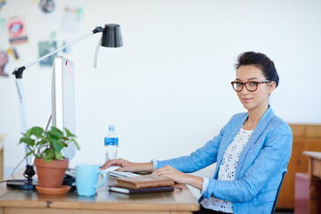 Sticker - Computer, office and portrait of business woman with confidence, company pride and glasses at desk. Professional, startup and face of person in workplace for career, job opportunity and working