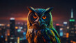 Cute eagle owl with big eyes looking aside with dignity all within the backdrop of a big cityscape