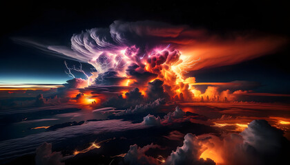 Wall Mural - The towering thunderstorm over Panama, as viewed from high above, has been brought to life with vibrant colors and dramatic contrasts, capturing the natural spectacle in a wide view