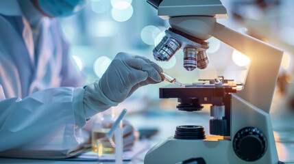 biochemical research scientist working with microscope 