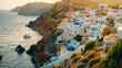 Travel photo of a picturesque coastal village seen from a hilltop, with white-washed houses and blue domes, embodying the Mediterranean summer, in the late afternoon light