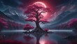 A surreal depiction of a moonlit grove, with a majestic tree bathed in the crimson glow, its blossoms radiating ethereal beauty against the backdrop of misty peaks and a tranquil lake.
