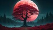 A breathtaking view of a tranquil forest bathed in the surreal glow of a crimson moon, with a lone, majestic tree standing as a sentinel of the night.