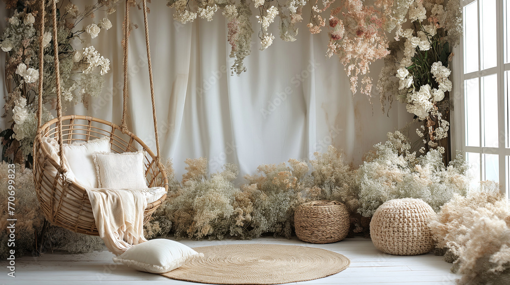 Cozy boho style interior design with rocking chair, natural decor and ...