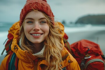 An adventurous young woman smiles brightly in a red beanie and warm jacket