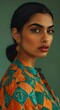 Japanese Art Deco Inspired: Photorealistic Portrait of Indian Woman in Orange and Teal Dress Shirt generative ai