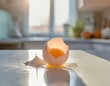 A raw egg broken on a sunny kitchen counter, with morning light casting a warm glow on the mess, a moment of chaos in the day's start