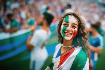 Wall Mural - Italian soccer fan woman with national flag of italian painted on her face.. Celebrating crowd in a stadium. Cheering during a match in stadium