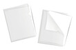 © ann_ounce - Clear plastic L-shape file folder with white blank paper sheets inside. Realistic mockup. PVC corner document sleeve holder cover. Vector mock-up