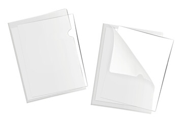 Clear plastic L-shape file folder with white blank paper sheets inside. Realistic mockup. PVC corner document sleeve holder cover. Vector mock-up