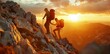 Two hikers helping each other reach the top of the mountain, a nature adventure concept on a beautiful sunrise background