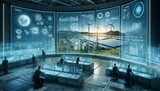 Fototapeta  - Visualize an advanced AI system monitoring a renewable energy grid. The scene unfolds in a sleek, high-tech control room filled with transparent, holographic displays showing intricate data maps