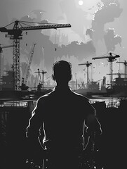 The outline of a manager examining multiple construction sites, with cranes and trucks in the distance