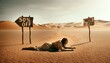 In a vast desert landscape, a woman appears, exhausted and on the brink of collapse from thirst. She crawls desperately on the hot sand, a picture of utter desperation. 