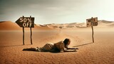 Fototapeta  - In a vast desert landscape, a woman appears, exhausted and on the brink of collapse from thirst. She crawls desperately on the hot sand, a picture of utter desperation. 