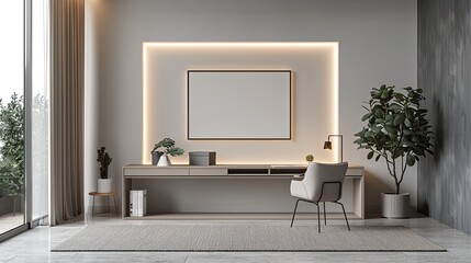  A 3D render of a modern children's room with a minimalist design, featuring a mockup frame on a clean, white wall above a sleek, modular storage unit.