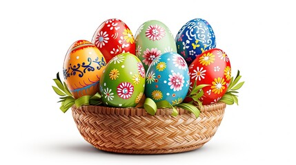 Wall Mural - Basket full of colorful Easter eggs on white background, The eggs are decorated with various patterns, Generative Ai 