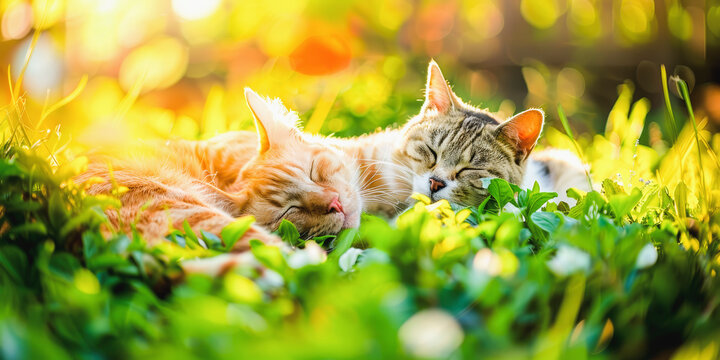 Spring fatigue - Pet animal photography background - Dog and cat sleeping chilling relaxing together on fresh green spring or summer meadow, illuminated by the sun