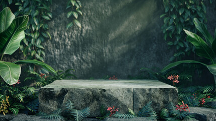 Wall Mural - Natural stone podium in tropical forest background with green leaves, flowers in the green jungle. Empty showcase for packaging product presentation. Background for cosmetic products. Mockup pedestal.