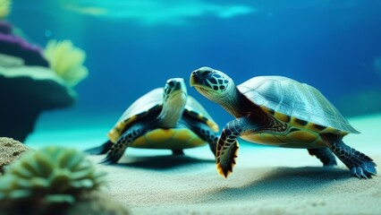 Wall Mural - Two turtles are in a tank with fish. The turtles are looking at the camera. The tank is blue and has a rocky bottom