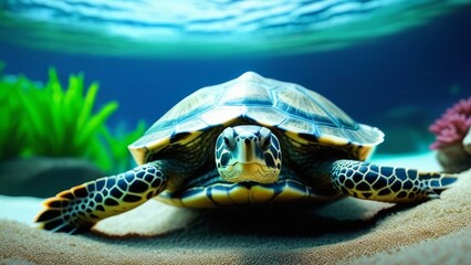 Wall Mural - A turtle is walking on the sand near the water. The turtle is small and has a brown and black shell