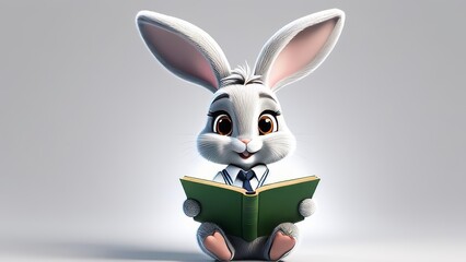 Wall Mural - A cartoon rabbit is sitting at a desk reading a book. The rabbit is wearing a blue shirt and blue pants. The scene is lighthearted and playful