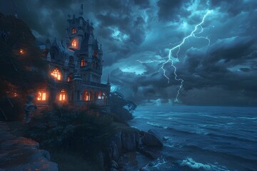 In the dead of night, a gothic castle stands ominously, illuminated by lightning, its battlements adorned with gargoyles, surveying the turbulent sea below.