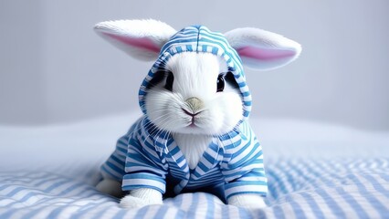 Wall Mural - A rabbit is wearing a blue shirt and sitting on a white surface. The rabbit is in a relaxed and comfortable mood