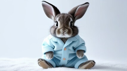 Wall Mural - A rabbit is wearing a blue shirt and sitting on a white surface. The rabbit is in a relaxed and comfortable mood
