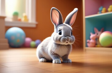 Wall Mural - A cartoon rabbit is sitting on a wooden floor. The rabbit is looking at the camera with its eyes wide open