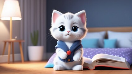 Wall Mural - A cute cat is sitting on a bed with an open book in front of it. The cat is wearing a blue bandana and has a heart on its chest. The scene is playful and lighthearted