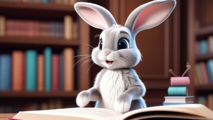 Wall Mural - A rabbit is sitting on a bed with an open book in front of it. The rabbit is reading the book, and the scene has a playful and lighthearted mood