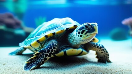 Wall Mural - A turtle is walking on the sand near the water. The turtle is small and has a brown and black shell