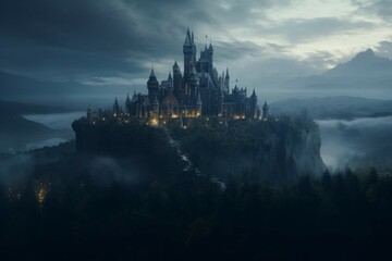 Wall Mural - an enchanted castle in a foggy landscape, with a magical atmosphere