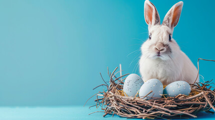 Funny easter concept holiday animal celebration greeting card, white little rabbit and easter eggs , on nest, isolated on blue background