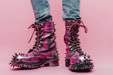 These Vibrant Pink Spiked Boots Exude An Edgy Punk Style, Showcasing Rebellious Fashion And Bold Self-expression