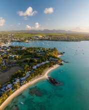 Aerial View Of White Sand Beach With Clear Blue Water And Boats, Royal Palm Hotel, Riviere Du Rempart, Mauritius.