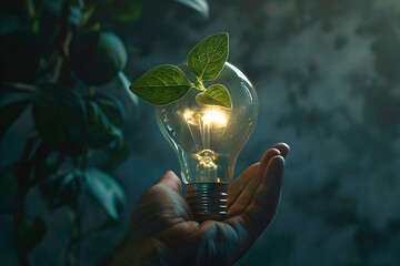 Wall Mural - A hand holds a light bulb with a green plant inside, set against a background of plant leaves. Concepts of sustainable energy, natural power grids, and environmental protection. Copy space.