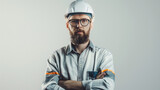 Fototapeta  - a handsome professional site engineer man, constructor, builder, or construction worker with a helmet. Intelligent face serious look.