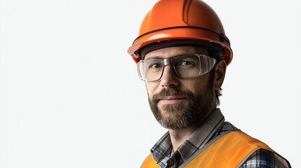 Wall Mural - a handsome professional site engineer man, constructor, builder, or construction worker with a helmet. Intelligent face serious look.