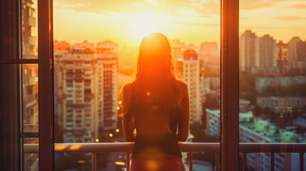 Wall Mural - Rear view of women open door standing on balcony, Raise hands above head in a relaxed manner, in city, against sky, during golden light,