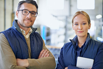 Poster - Warehouse, colleagues and smile with tablet, portrait and serious for delivery in factory. Teamwork, woman and man in collaboration for shipping or manufacturing of goods in workplace of freight