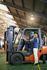 Aufkleber - Inspector, warehouse and team with forklift working on site, loading on dock with Industrial moving vehicle. Teamwork, together or woman with clipboard for shipping inventory, hardhat for safety
