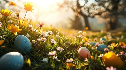 Wall Mural - an easter egg filled meadow with colorful easter eggs
