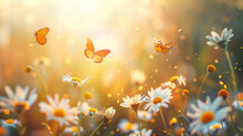 Field Of Daisies With Butterfly Background Panorama