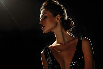 Wall Mural - Fashion model posing in elegant evening wear, isolated on a sophisticated black background, radiating glamour and poise