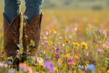 Fototapeta  - Close-up of cowboy boots in a vibrant wildflower field during golden hour