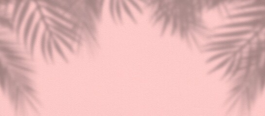 Wall Mural - Pink grunge cement texture wall with palm leaf plant foliage shadow. Horizontal luxury summer background with tropical travel beach minimal concept. Flat lay. Top view
