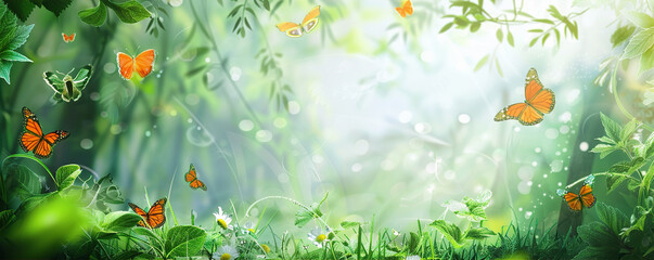 Wall Mural - banner background from garden with sunlight and butterflies